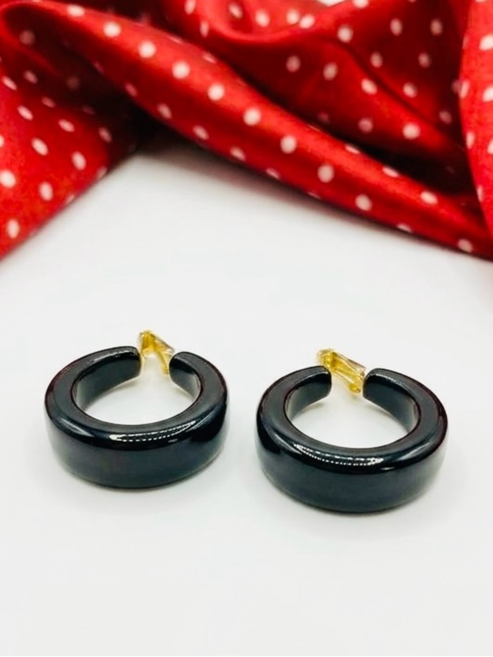 Authentic Vintage Black BAKELITE Hoop Clip On Earrings Chunky Jet Black 1.25"